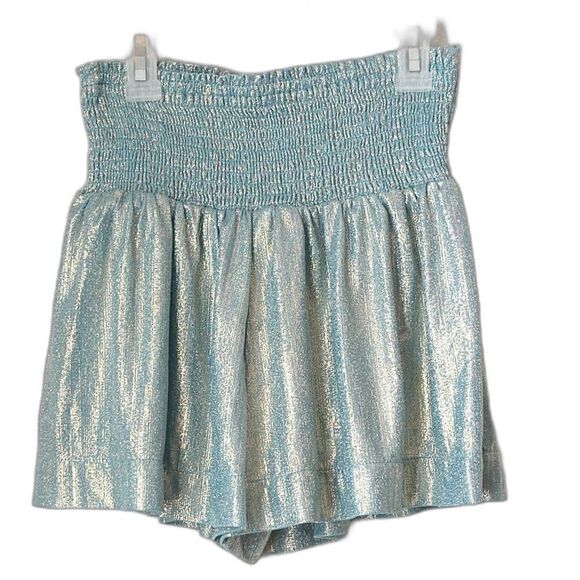 Revolve Dee Dee metallic blue thick waist band, wide leg shorts small nwot 24A - Picture 1 of 5